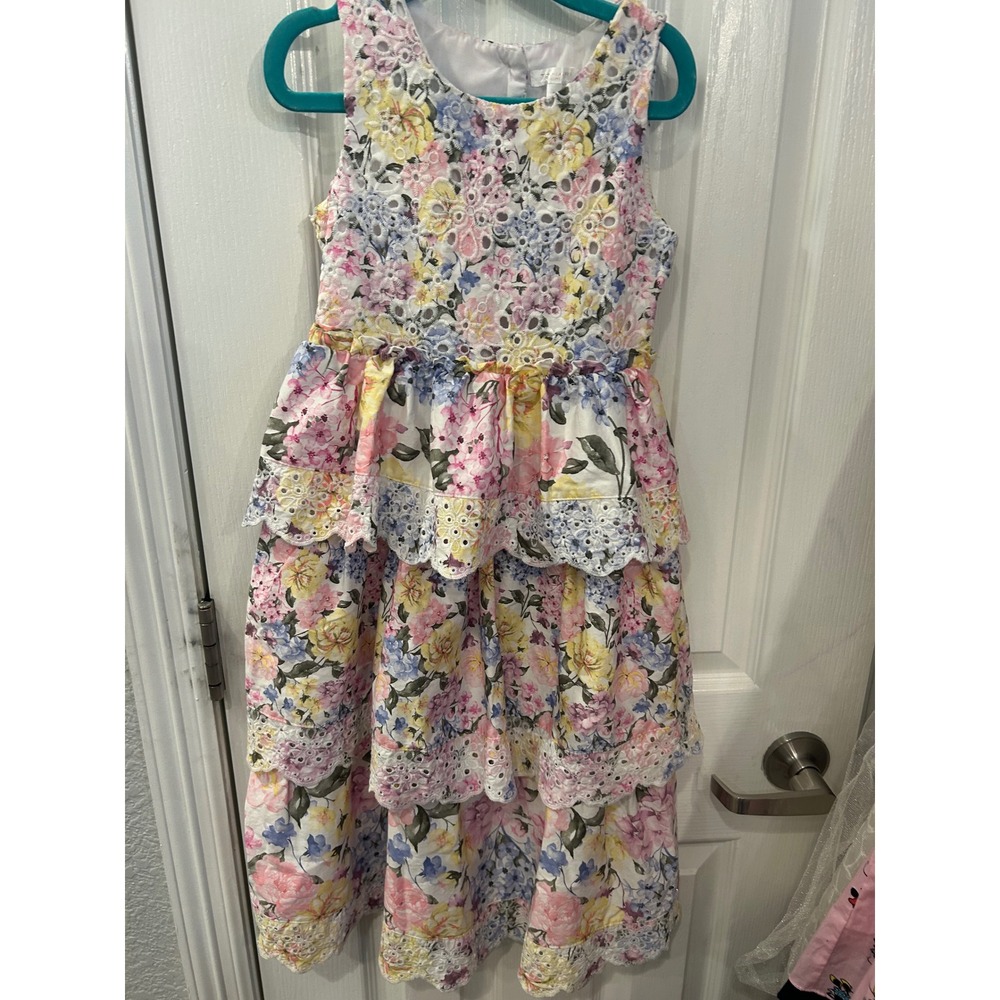 Tahari Girl Dress Multi-Color Floral Eyelet Tiered Ruffle Cutout Back Kids 5